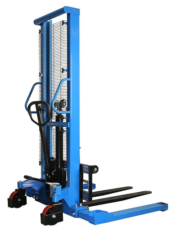 Tory Carrier Manual Forklift Material Lifts Stacker with Adjustable Forks Hydraulic Lift 63” Height with Straddle Legs Adjustable Forks 1100lbs Capacity 