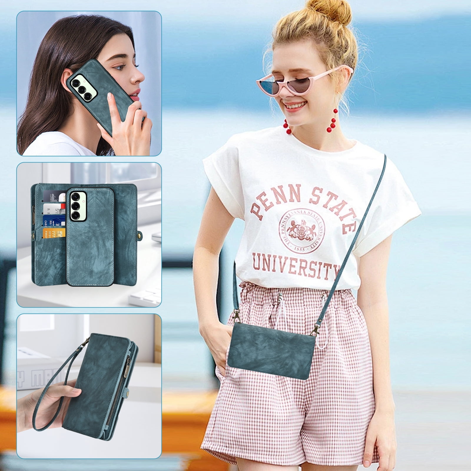 Asuwish Phone Case for Samsung Galaxy S25 Plus S25+ 5G Zipper Wallet Detachable Cell Cover with Tempered Glass Screen Protector Strap Flip Card Holder S25Plus 25S + S 25 25+ SM-S936U Women Girls Blue