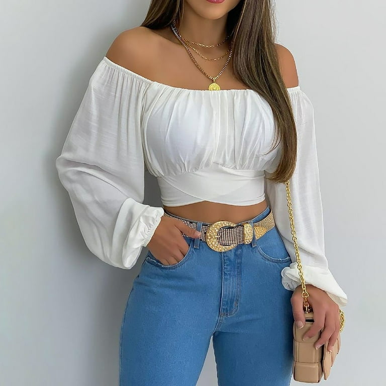USSUMA Women Tops Dressy Casual Long Sleeve, Women's Cute Off Shoulder Long  Sleeve Crop Tube Top Blouse Solid Color Strapless Puffy Sleeve T-Shirts  Fall Female 
