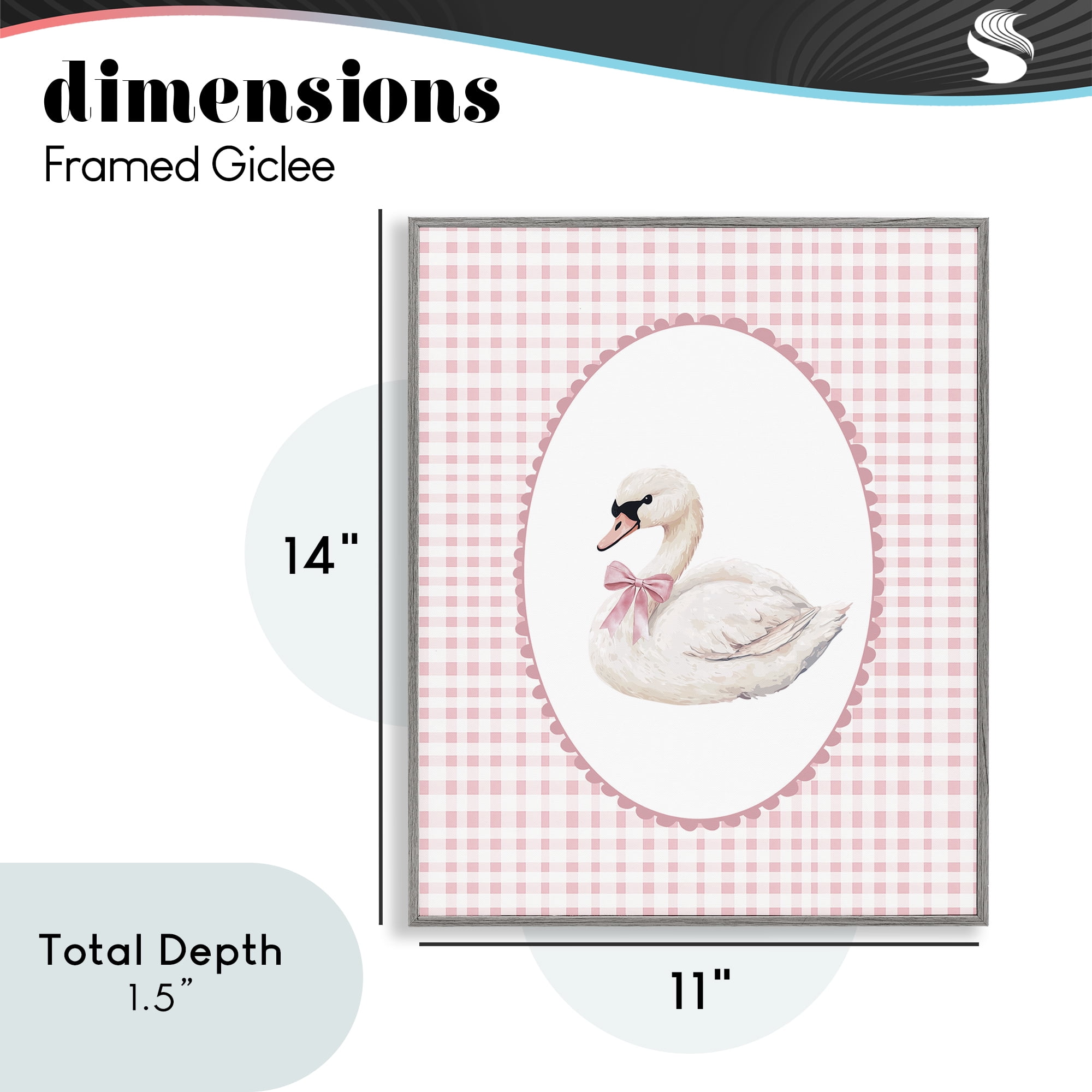 Gentle Swan on Pink Checkered Gray Framed Giclee Art, design by Christine Simpson Art