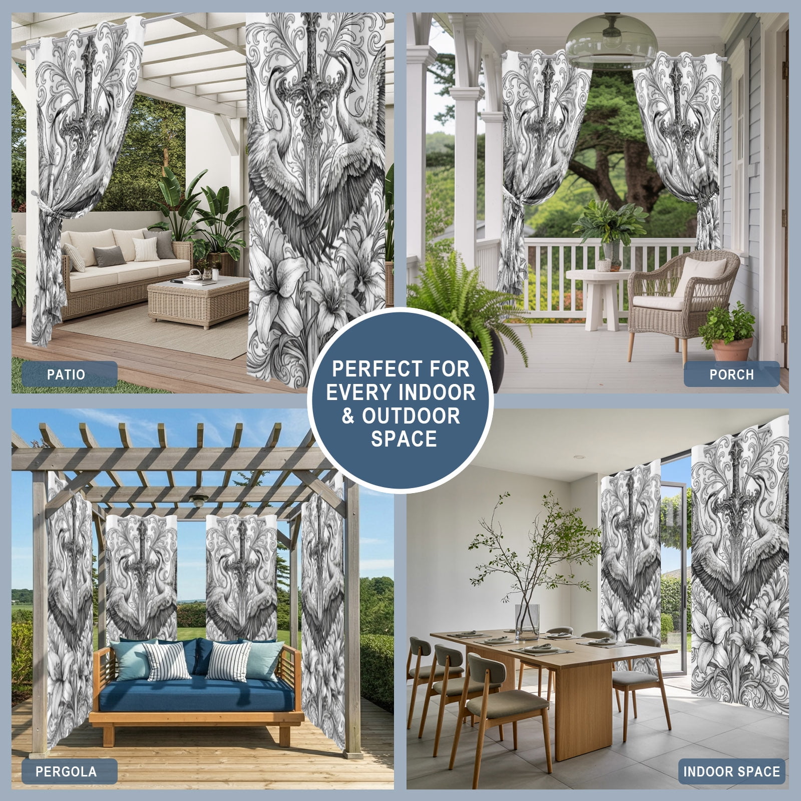 Sword Lily Flowers Outdoor Curtains for Patio, Floral Sword Goth Vintage Sunshade Privacy Drapes Grommet Waterproof Outside Curtains for Porch/Cabana/Balcony 54"x 108", 1 Panel