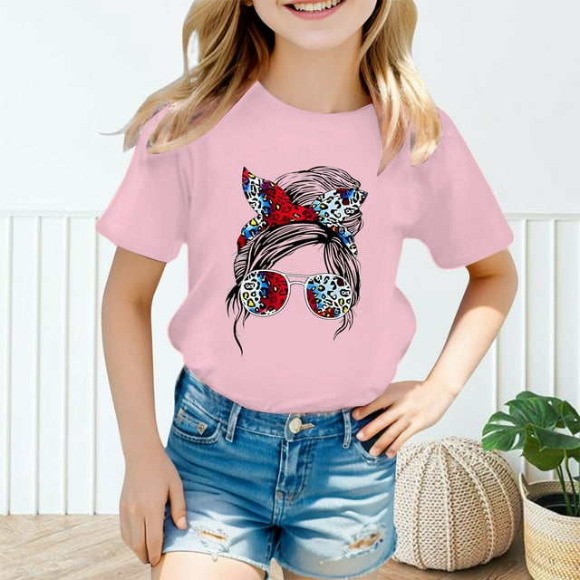 Hauts et Chemises pour Filles, Vêtements Décontractés pour Enfants, Imprimé Graphique, Col Rond, Manches Courtes (Catégorie de Produits, T-Shirts et Chemises pour Filles, Titre du Produit, Imprimé Graphique Mignon, Col Rond, Court)