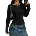 thumbnail image 2 of Women'S Long Sleeve Shirts, Autumn Crew-Neck Button Down Slim Fit Ribbed Knit Solid Color Casual Shirts 2025 Black S, 2 of 8