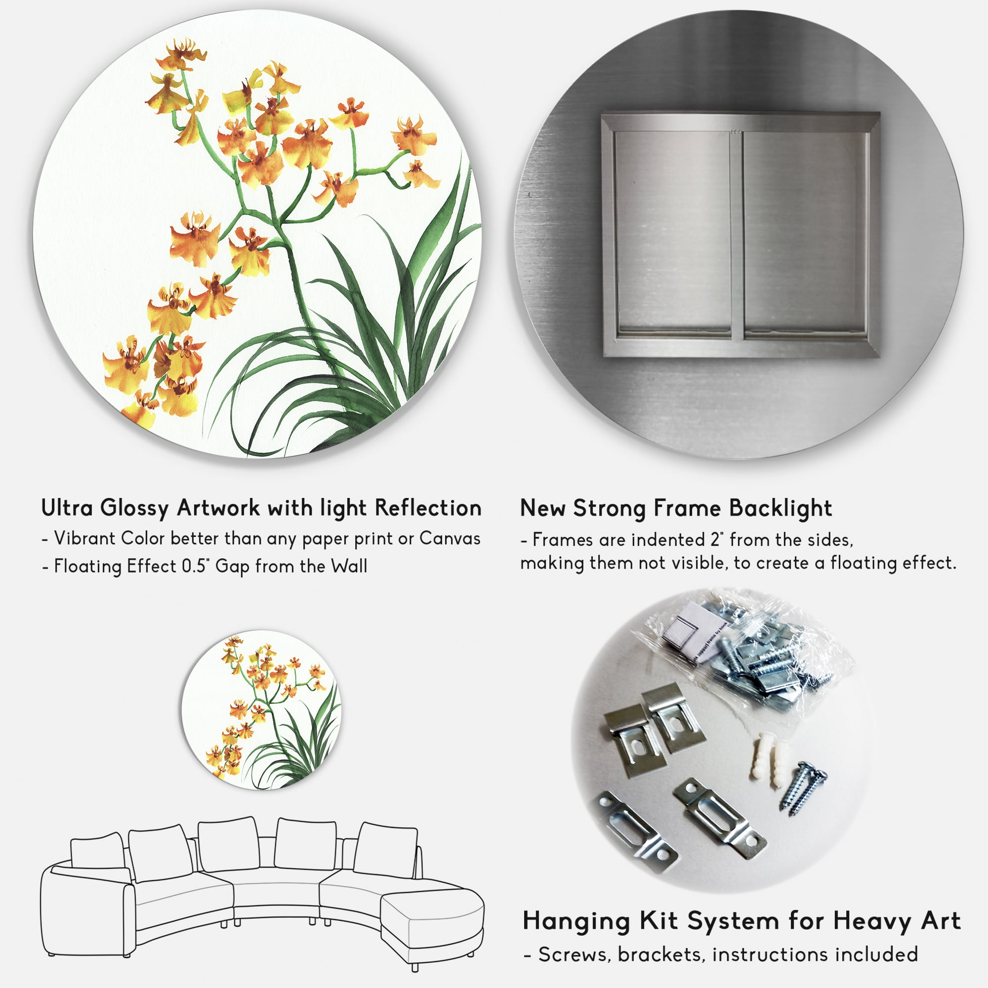Designart 'Yellow Vintage Orchids On White' Traditional Circle Metal Wall Art 29x29 - Disc of 29