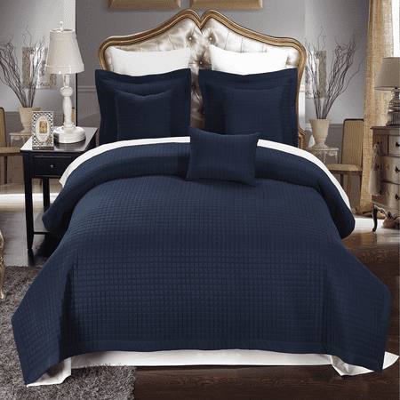 Blue Pick Stitch Quilt Luxury Soft Checkered Diamond Stitched 4 Piece Coverlet Set Wrinkle-Free Reversible All Season Mini Bedspread Set -Navy-Twin/Twin XL ()
