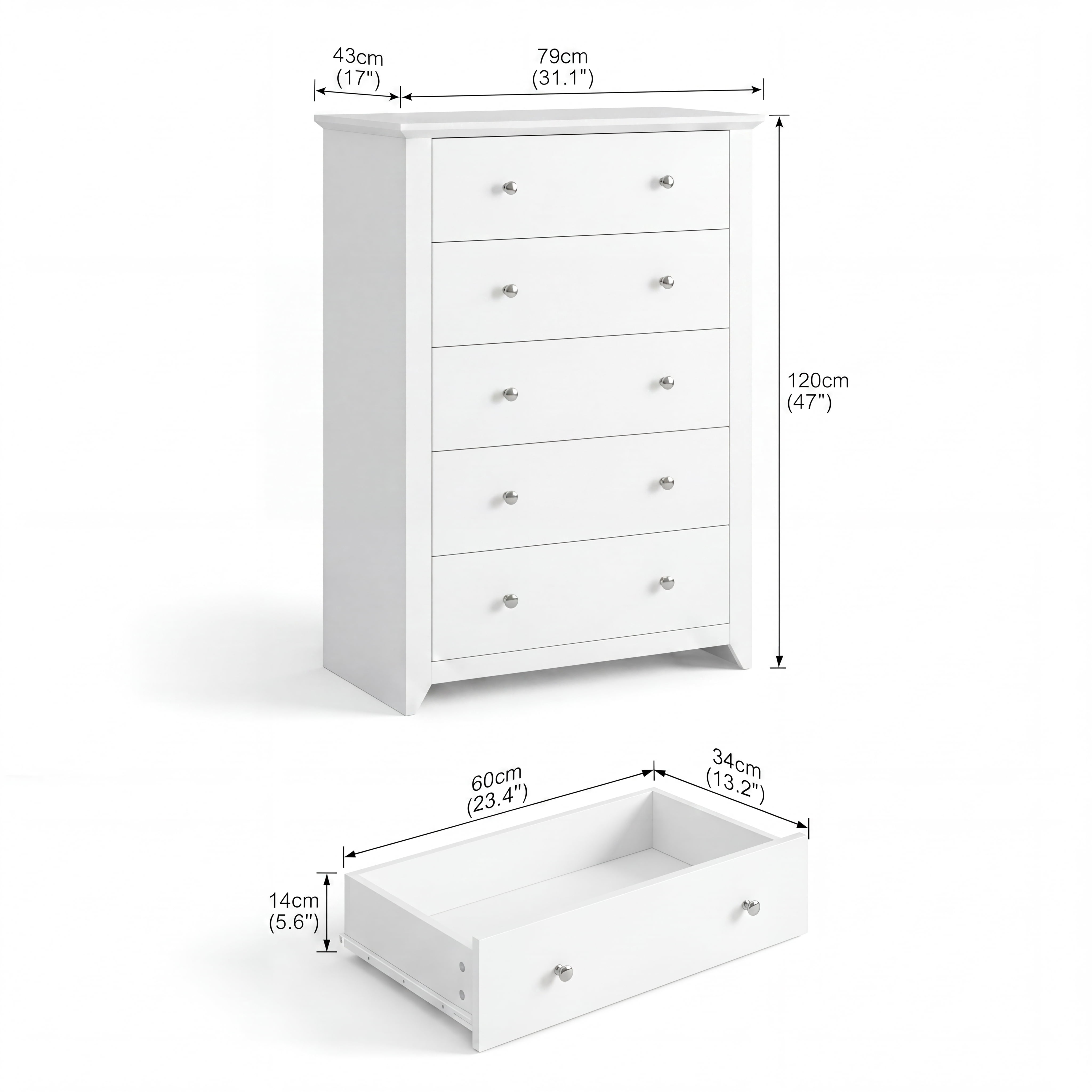 TrumanPick White Dresser for Bedroom with 5 Drawers 47" Tall Chest of Drawers Wooden Dressers for Living Room Closet 31"D x 17"W