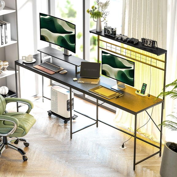 HOMCOM 61.6" L Shaped Desk with Power Outlets & LED Lights, Convertible Computer Desk with Monitor Stand and Computer Shelf for Home Office, Black