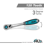 HB 1/2 Drive 120-Tooth Ratchet Handle AHU027-U | 3° Arc Swing Quick Release & Reversible Switch | Offset Ergonomic Grip with Hanging Hole | Micro Chrome Finish | Chrome Vanadium Steel Made in Taiwan