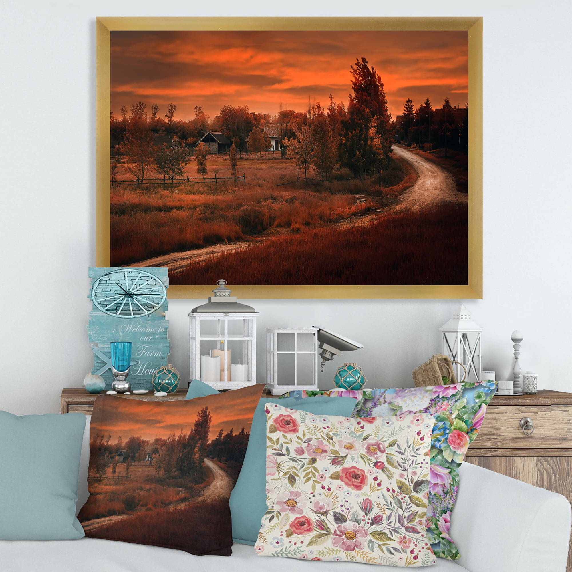 Designart 'The Road By The Farm In Dark Pink Sunset' Farmhouse Framed Art Print