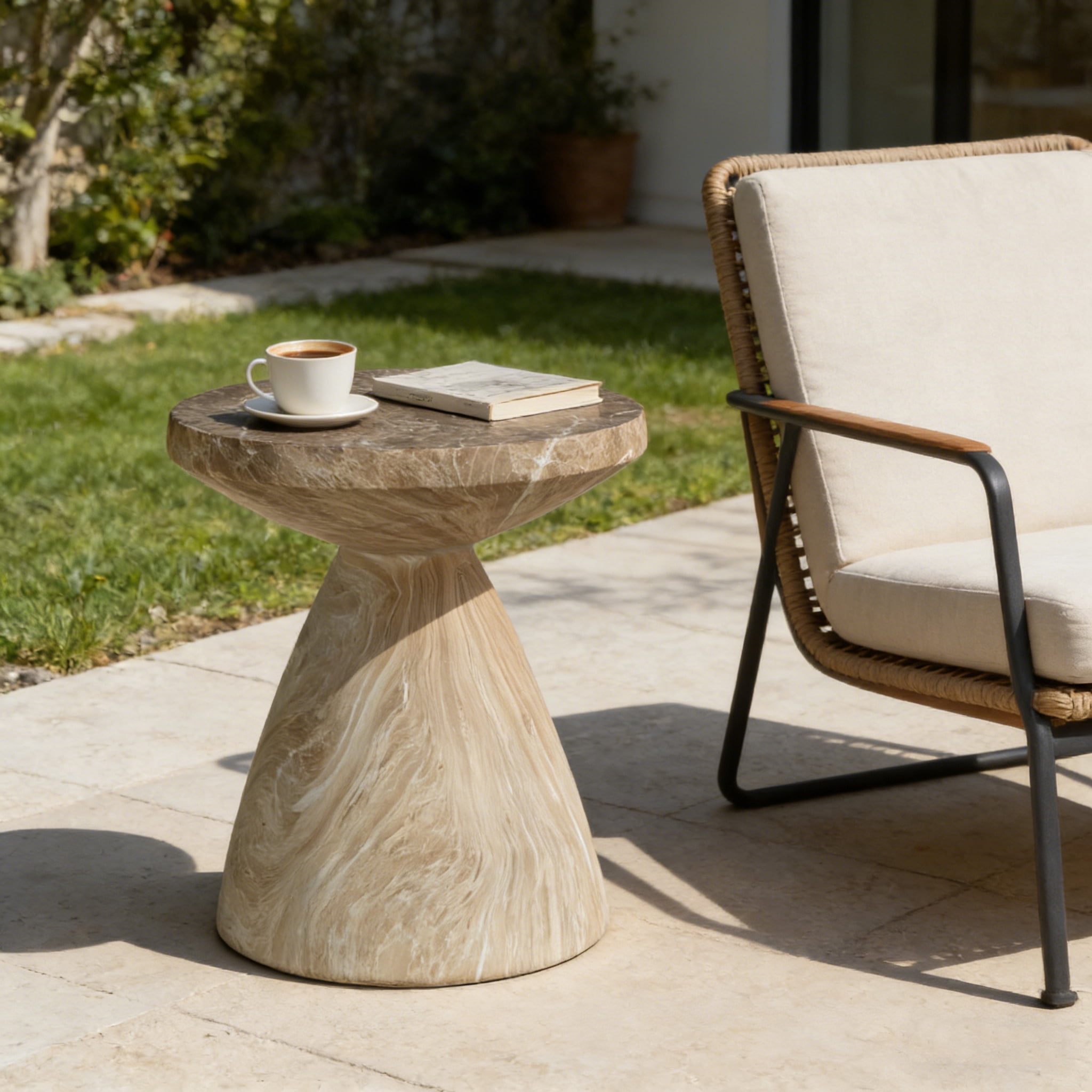 Cement Side Table, Faux Terrazzo Modern Round Accent End Table for Patio Garden Outdoor Home Decor, Marble