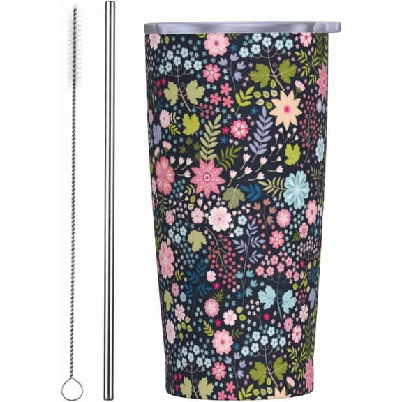 Colorful Flowers 20oz Tumbler, Boho Floral Stainless Steel Travel Coffee Mug with Lid Straw, Garden Wildflower Groovy Daisy Double Wall Vacuum Insulated Coffee Cup for Hot and Cold Drinks