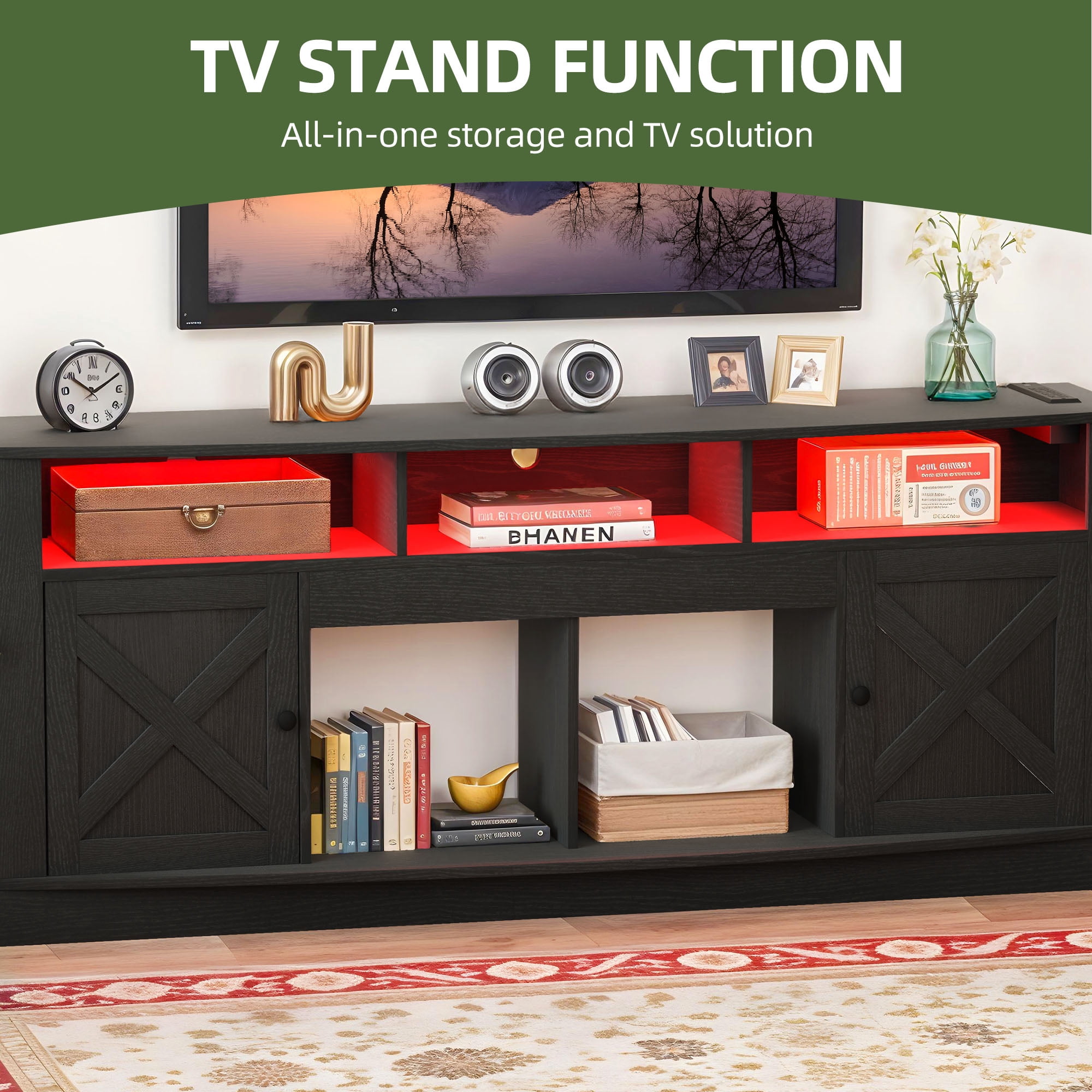 Uforic 70'' TV Stand for 80-Inch TV, Entertainment Center with Multi-Color LED Lighting, Charging Outlets, & Plenty of Storage for Living Room, Black