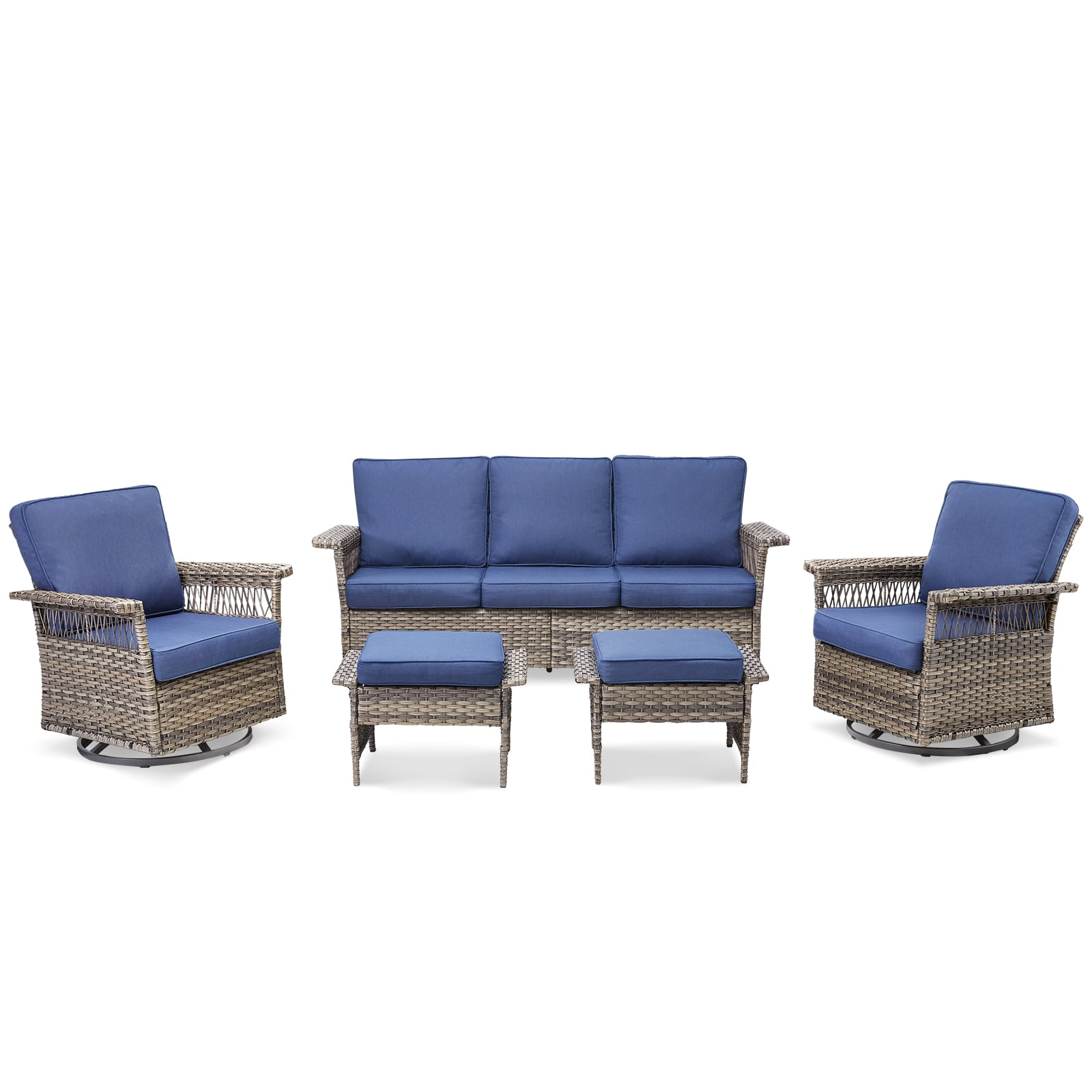 PPorfamilia 5 Piece Outdoor Patio Furniture Sets, All-Weather Rattan Conversation Sofa Sets with Rocking Swivel Chairs and Navy Cushions