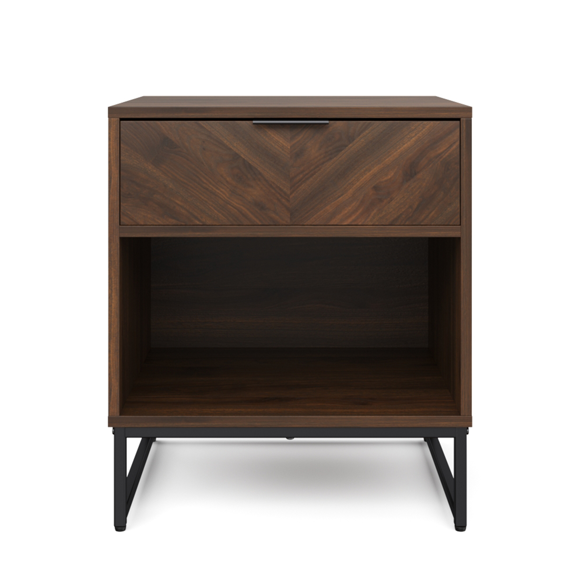 Nathan James Kensi Walnut Rustic Nightstand Black Matte Metal Base with Open Cubby for Storage and Drawer