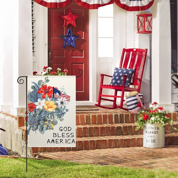 MIZHONA 4th of July Floral Decoration Double Sided Burlap Garden Flag God Bless America Outdoor Yard Flag 12" x 18"