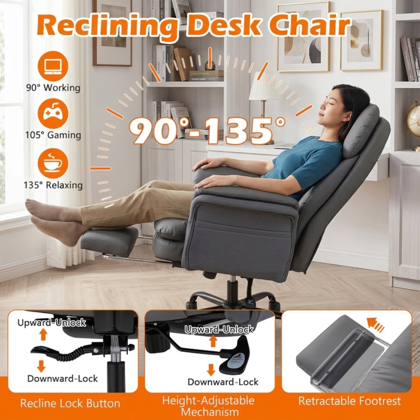 Furnibear Big and Tall Executive Office Chair 500 lbs Ergonomic Cross Legged Computer Chair with Footrest Flip Up Arms and Teddy Fleece, Gray