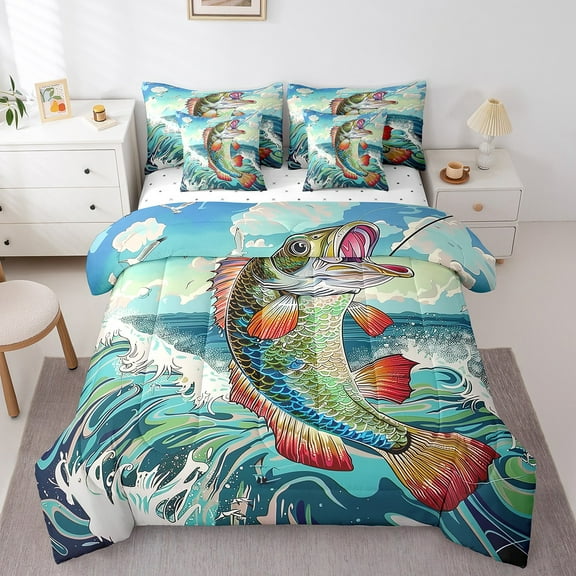 Erosebridal Cartoon Pike Fish Bedding Sets Twin Size, Ocean Waves Comforter Sets with Sheets, Hunting Decor, Reversible 7 Pieces