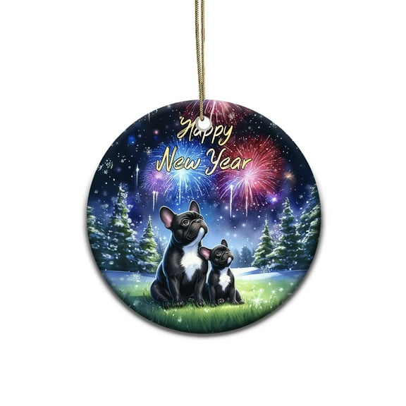 Happy New Year French Bulldog Family Cheer Winter Midnight Firework Ceramic Round Ornament Dog Lover Gifts Home Tree Decor - 02025
