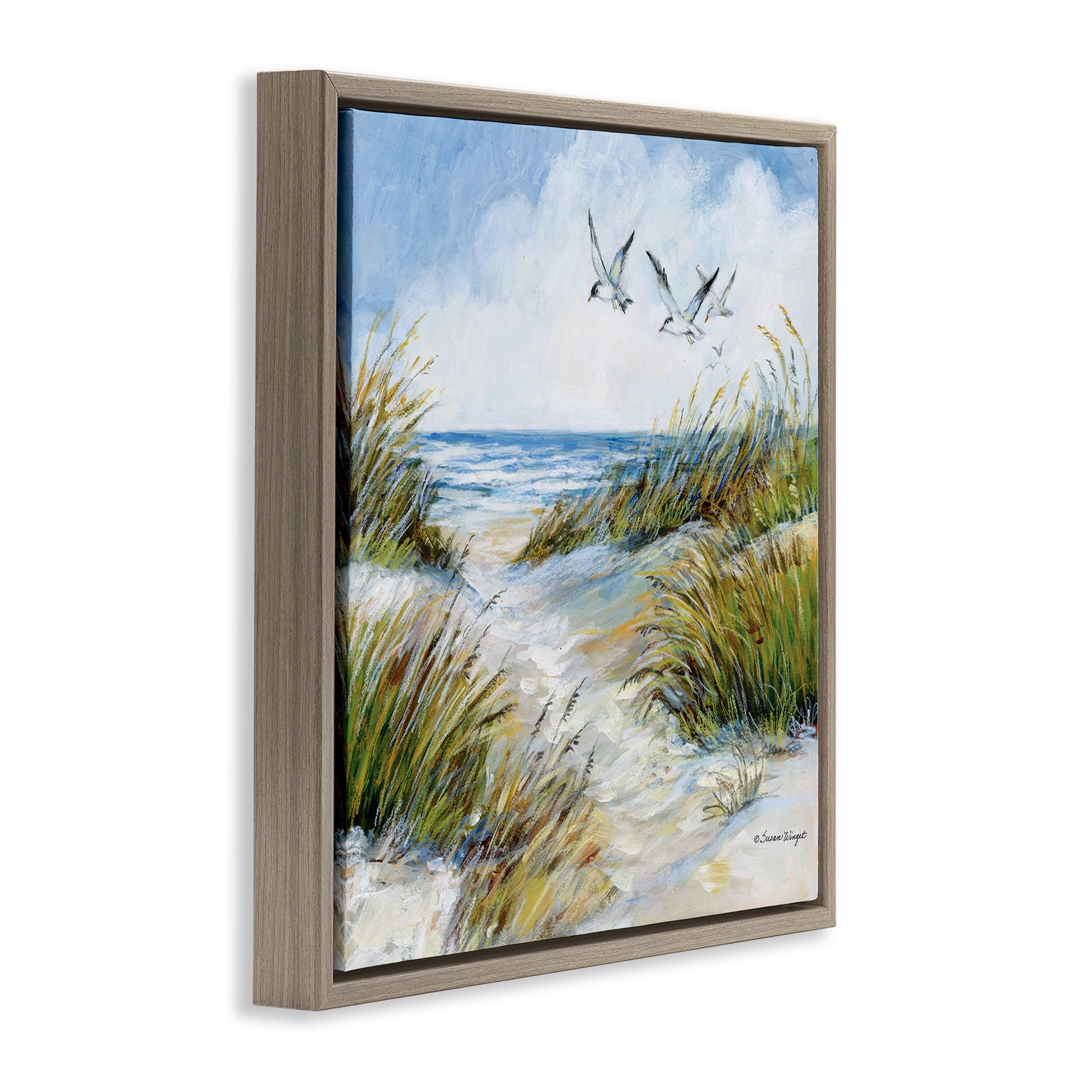 Stupell Industries Beach Path Seagulls Overhead Brown Framed Floater Canvas Wall Art, design by Susan Winget
