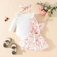 thumbnail image 4 of Odeerbi 0-18 Months Toddler Girls Summer Outfits Layette Set Rib Knit Cotton Bodysuit Bow Print Suspender Skirt Headband Three Piece Set Ruffle Jumpsuit Set Toddler Girls Clothes, 4 of 8