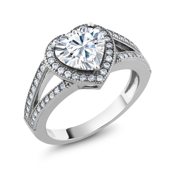 Gem Stone King 925 Sterling Silver White Moissanite Women Ring (2.09 Cttw, Heart Shape 8MM, Size 5)