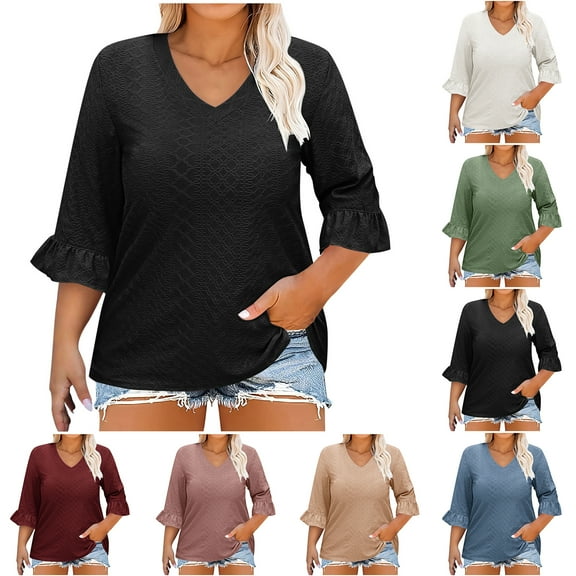 Otntypg Plus Size 3/4 Length Sleeve Womens Tops Summer Loose V-Neck Eyelet T-Shirts Dressy Casual Ruffle Sleeve Textured Tunic Blouses Army Green XXXL