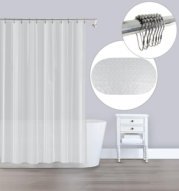 15 Peice Gray Bathroom Mat Shower Curtain Chrome Hooks Set
