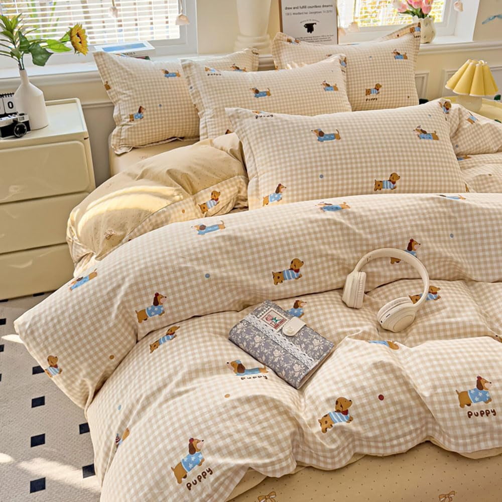 JOLUSERE 2-Piece Beige Gingham Puppy Pattern Comforter Twin Set , Soft Blue Dachshund Bedding Set for Kids Adults