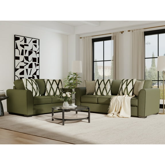 Roundhill Furniture Marvella Living Room Sofa and Loveseat Set with Mosswood Chenille Upholstery and Textured Accent Pillows