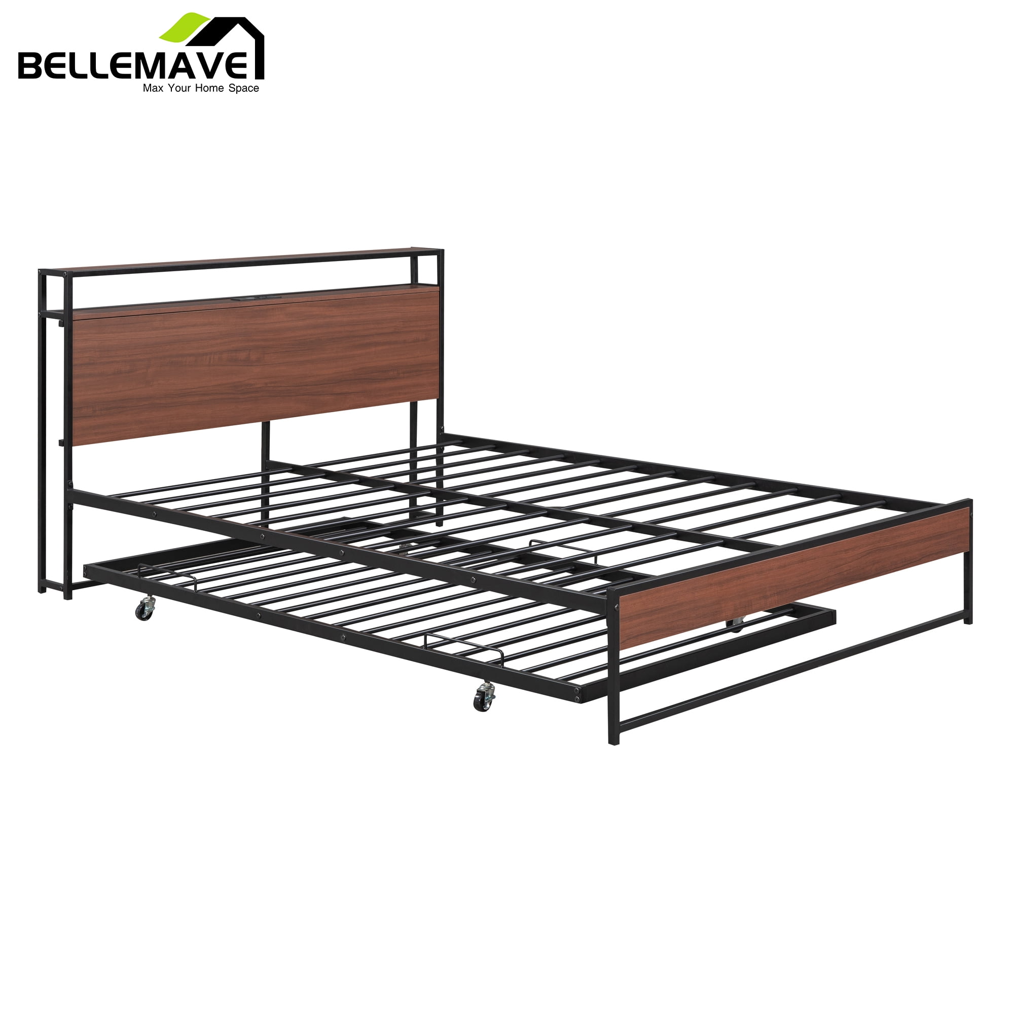 Bellemave Queen Platform Bed Frame with Twin Size Trundle, Usb Ports and Storage Shelf, Metal Queen Bed Frame with Headboard, Noise-Free, No Box Spring Needed(Black)