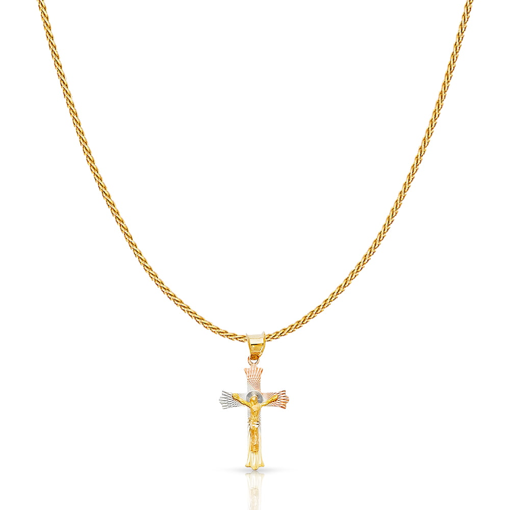14K Tri Color Gold Diamond Cut Jesus Crucifix Stamp Charm Pendant with 0.9mm Wheat Chain Necklace