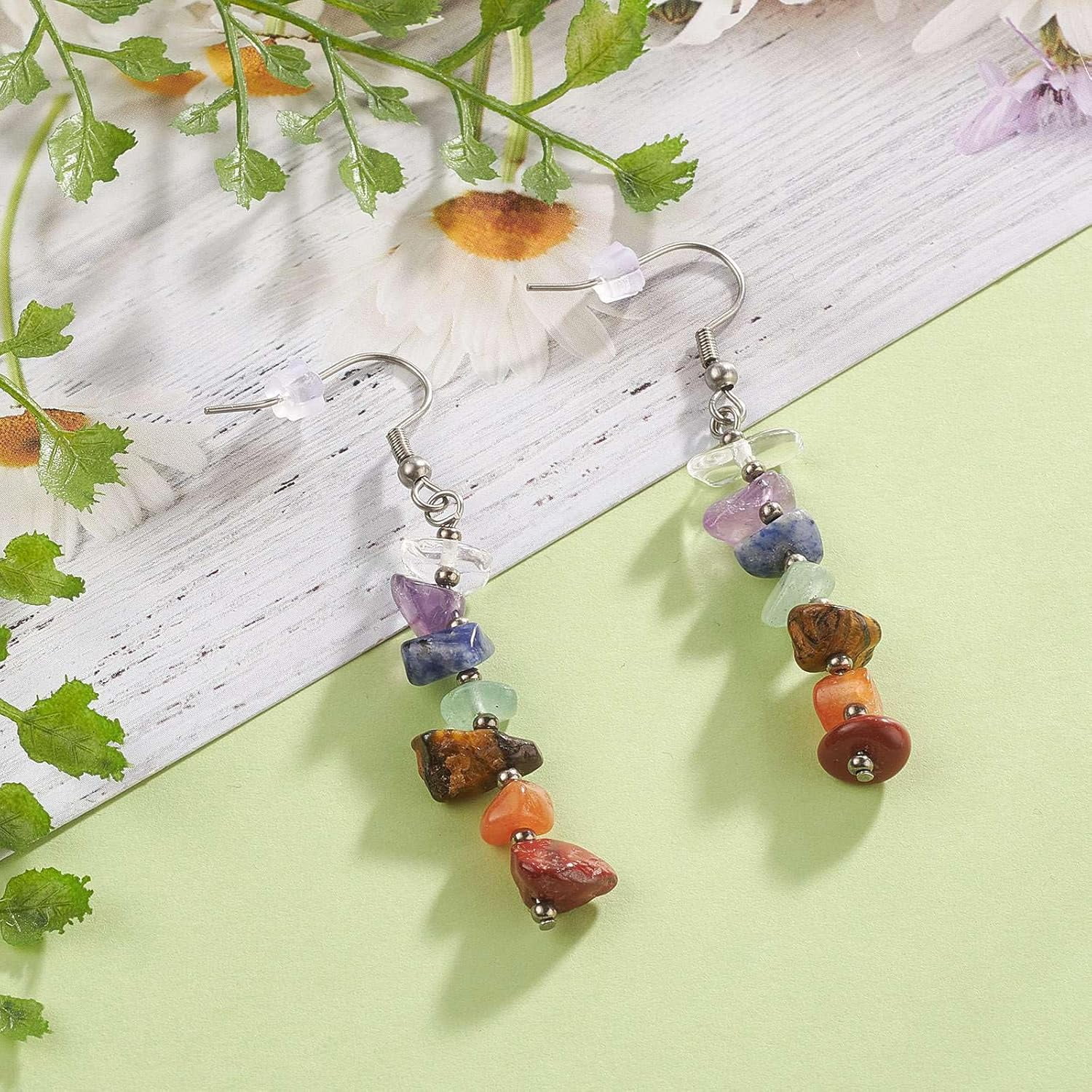 5pairs Chip Natural Gemstone Dangle Earrings Jewelry with Glass Seed Beads Earring Hooks for Women Birthday Festival Elegant Gifts Personalized Jewelry 58~60mm Pin: 0.8mm