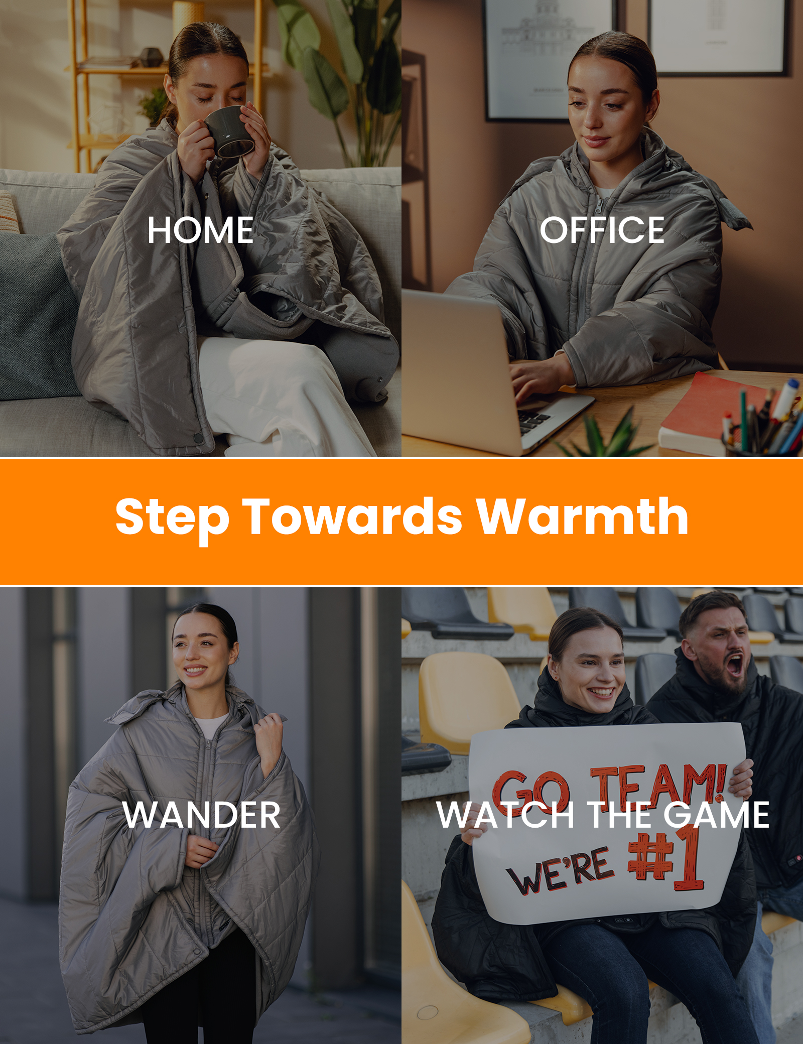 HENNCHEE Heated Blanket Battery Operated with Removable Hooded 70" x 42" Waterproof Heated Poncho for Home, Outdoors, Camping, Grey