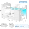 thumbnail image 2 of Low Loft Bed Twin Size with Upholsterd Headboard and 8 Storage Drawers, Metal Loft Twin Bed Frame with LED Lights, Under-Bed Play Area, Play Curtain, Safety Guardrail and Ladder, White, 2 of 10