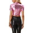 thumbnail image 3 of INSPIRE CHIC Women's Mock Neck Party Short Sleeve Metallic Crop Tops XL Pink, 3 of 6