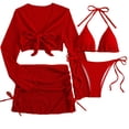 thumbnail image 1 of FRSASU Maillot de Bain Femme 4 Pcs Bikini Triangle avec Jupe de Plage Rouge G(L), 1 of 4