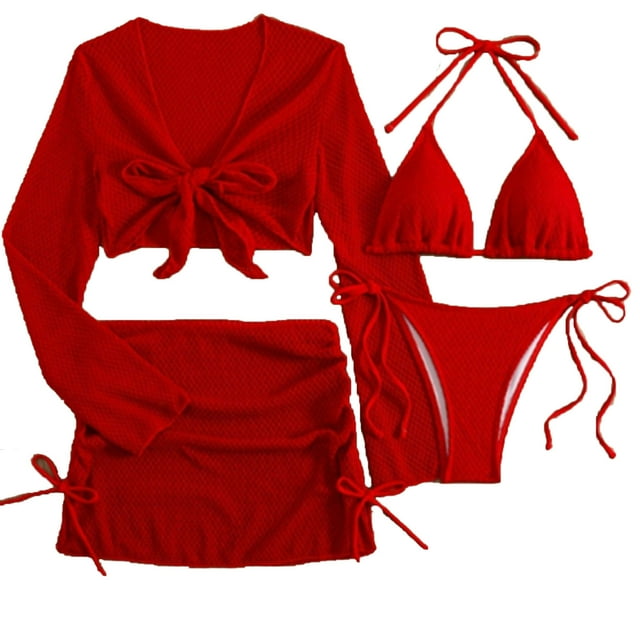 FRSASU Maillot de Bain Femme 4 Pcs Bikini Triangle avec Jupe de Plage Rouge G(L)
