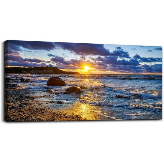Aaheei canvas wall art for bedroom Wall Decor blue ocean landscape painting Hang Home Decoration office bathroom kitchen sun beach sea golden Waves on the beach canvas art Prints pictures Works