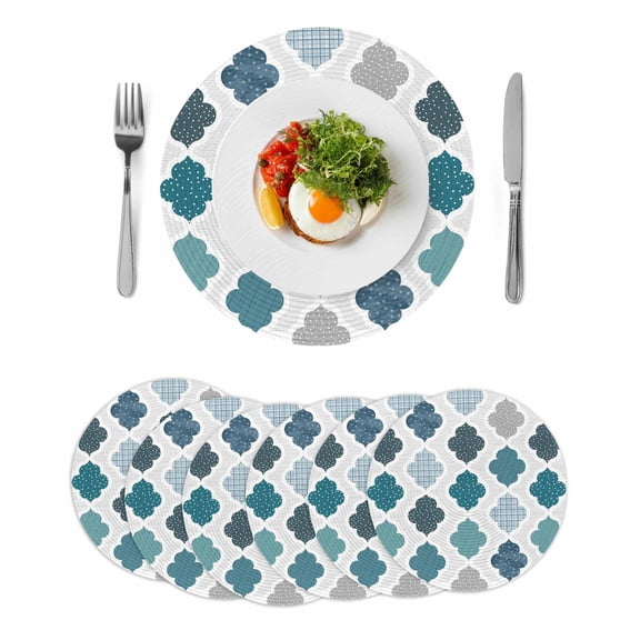 Bohemia Round 13 Inch Placemats Set of 6, Vintage Moroccan Geometric Pattern Blue Green Gray HeatResistant Non Slip Place Mats for Dining Table, Wipeable Braided Kitchen Table Mats for Housewarming