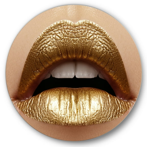 Designart 'Close Up of Woman Plump Lips With Golden Lipstick' Modern Circle Metal Wall Art 36x36 - Disc of 36