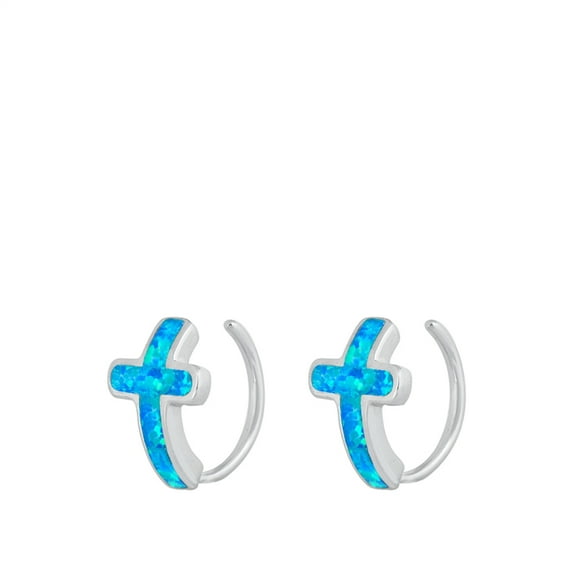 Sterling Silver Cross Modern Mosaic Hoop Earrings Blue Simulated Opal 925 Jewelry Female Unisex