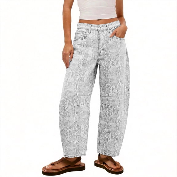 Floleo Women's Snake Skin Print Wide Leg Jeans Loose Relaxed Fit Mid Rise Denim Trousers Casual Boho Style Everyday Wear with Practical Pockets