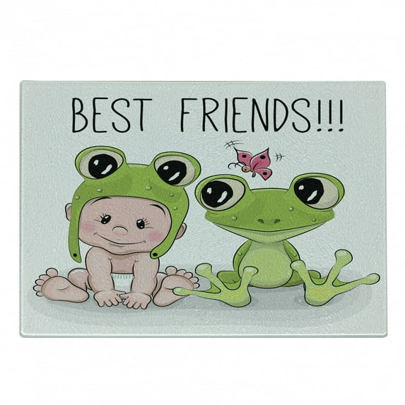 Animal Cutting Board, in Froggy Hat and Frog Best Friends Love Theme Graphic, Decorative Tempered Glass Cutting and Serving Board, Small Size, White Cream Green, by Ambesonne