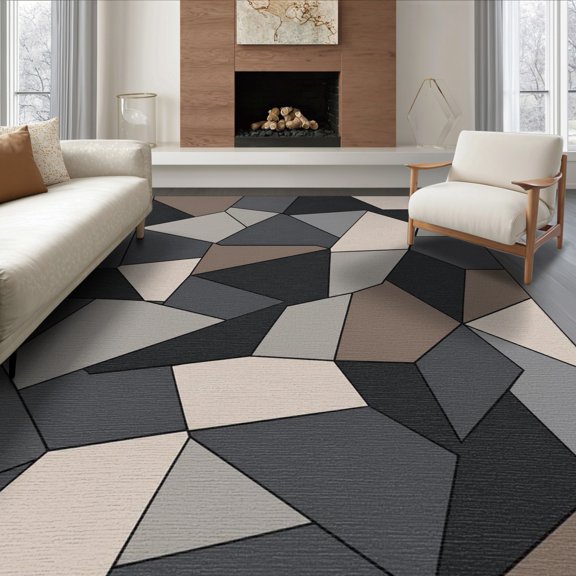 ODIKA 8'x10' Washable Area Rug Charcoal and Taupe Geometric Abstract Design Contemporary Artistic with Angular Shapes for Living Room, Under Sectional, Family , Durable, Non-Slip