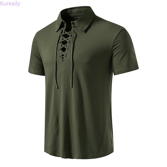 Kureaily Men's Spring And Summer Leisure Travel Cotton HempS Retro Lapel Suspender T Shirt Short Sleeve Top Casual T-Shirts,Large/(Green)