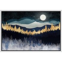 PixonSign Framed Canvas Print Wall Art Gold Blue Moonlight Mountain Forest Nature Wilderness Illustrations Modern Art Rustic Zen Landscape Colorful - 24"x36" White