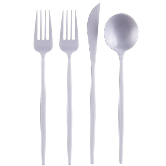 SILVER SPOONS Pearl Disposable Cutlery 80 PC Heavy Duty Plastic Silverware Set, Includes: 40 Salad Forks, 20 Soup Spoons and 20 Dinner Knives, Disposable Flatware for Upscale Wedding and Dining
