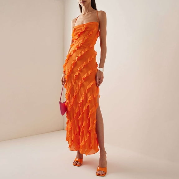 Vibrant Orange Ruffled Maxi Dress (S, Orange)
