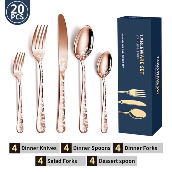 20PCS Stainless Steel Silverware Set, Mirror-Polished Cutlery Flatware Set 4 Knives 4 Forks 4 Spoons 4 Tea Forks 4 Teaspoons with Beautiful Flower Pattern for Kitchen Restaurant Party Rose Gold