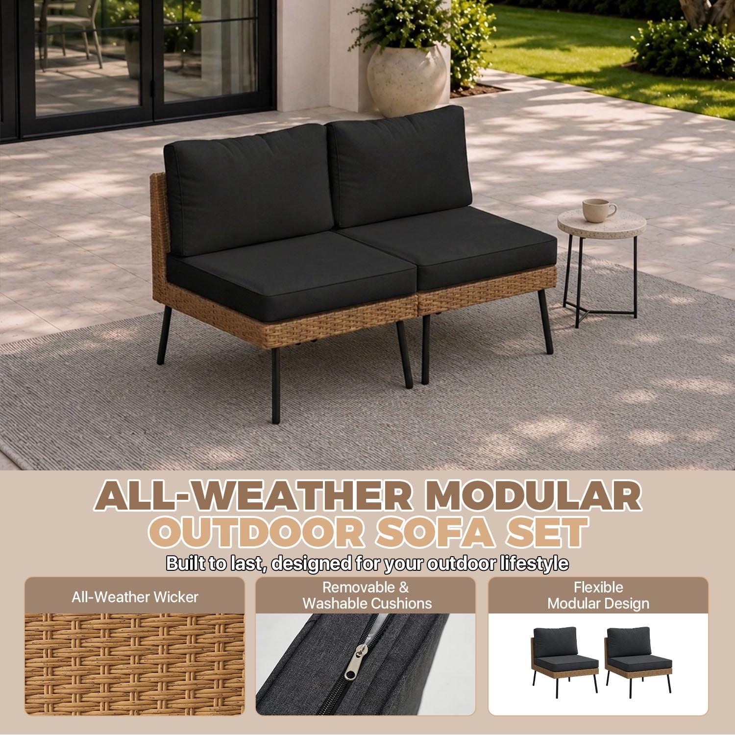 BaPiPro Outdoor PE Rattan 2-Seat Leisure Chair with Removable 4" High Density Cushions, Suitable for Backyard, Garden, Courtyard, Black